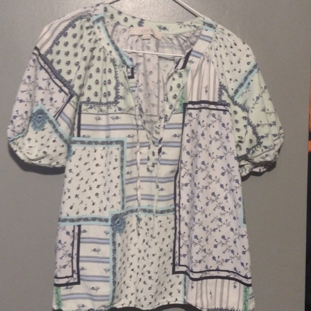 PATCHWORK TIE NECK PUFF SLEEVE TOP  size Small